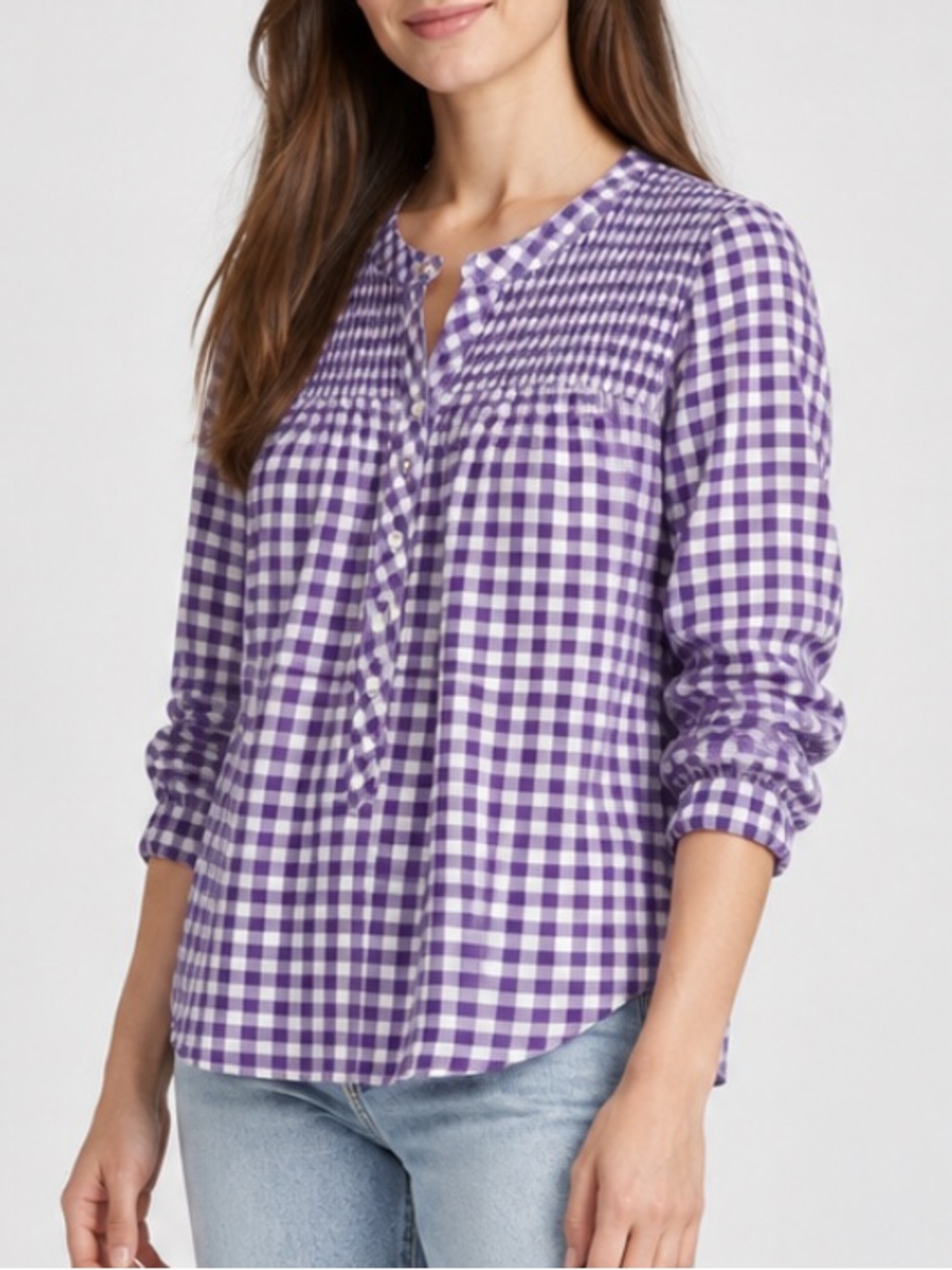 J. Crew Saddie Gingham Smocked Button-Front Blouse Top in Purple and White